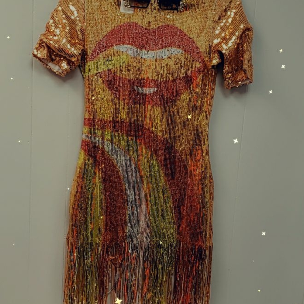 Gold Sequin Fringe Dress with Lips Design